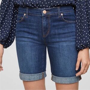 New Loft Denim Shorts Jean Bermuda Rolled Cuffs Dark Wash Mid Rise 6/28 NWT